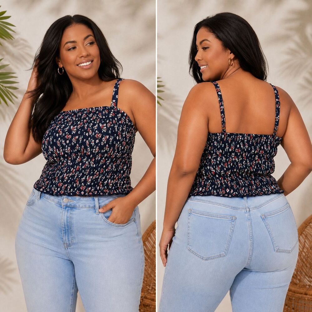 Torrid Floral Smocked Crop Cami 3X 22 24 Navy Blue Challis Tank Ditsy Patriotic